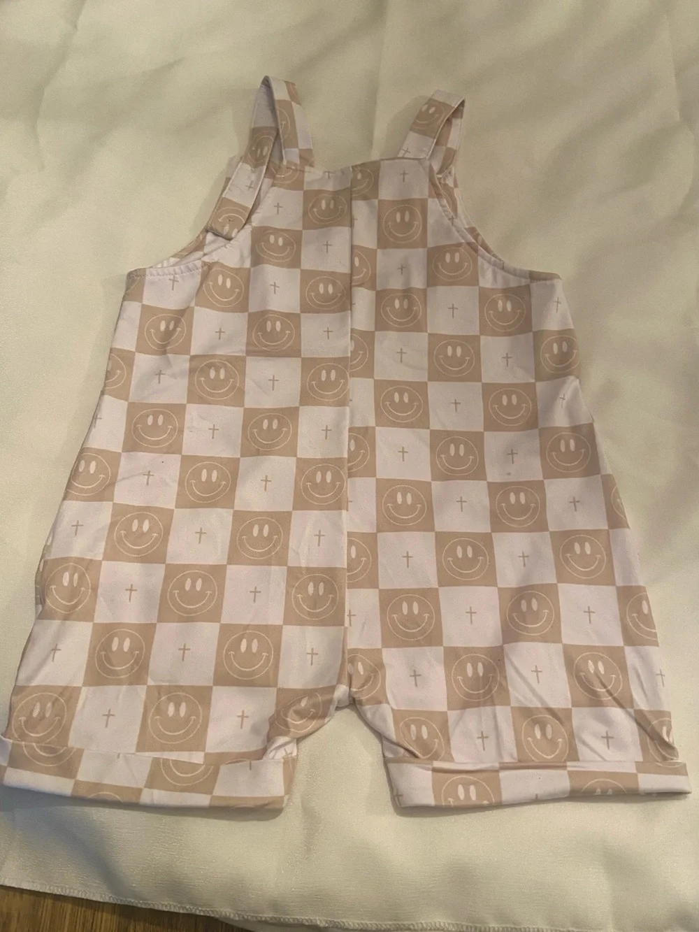 Amor Clothing Co Tan Checker Smiley Cross Jumper Romper 3T EUC ✝️😊